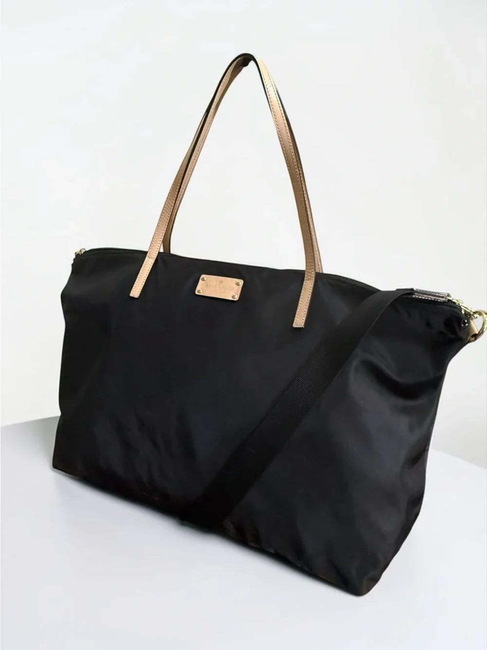 Kate Spade Black Nylon Tote with Gold Hardware and Tan Leather Handles! EUC!!